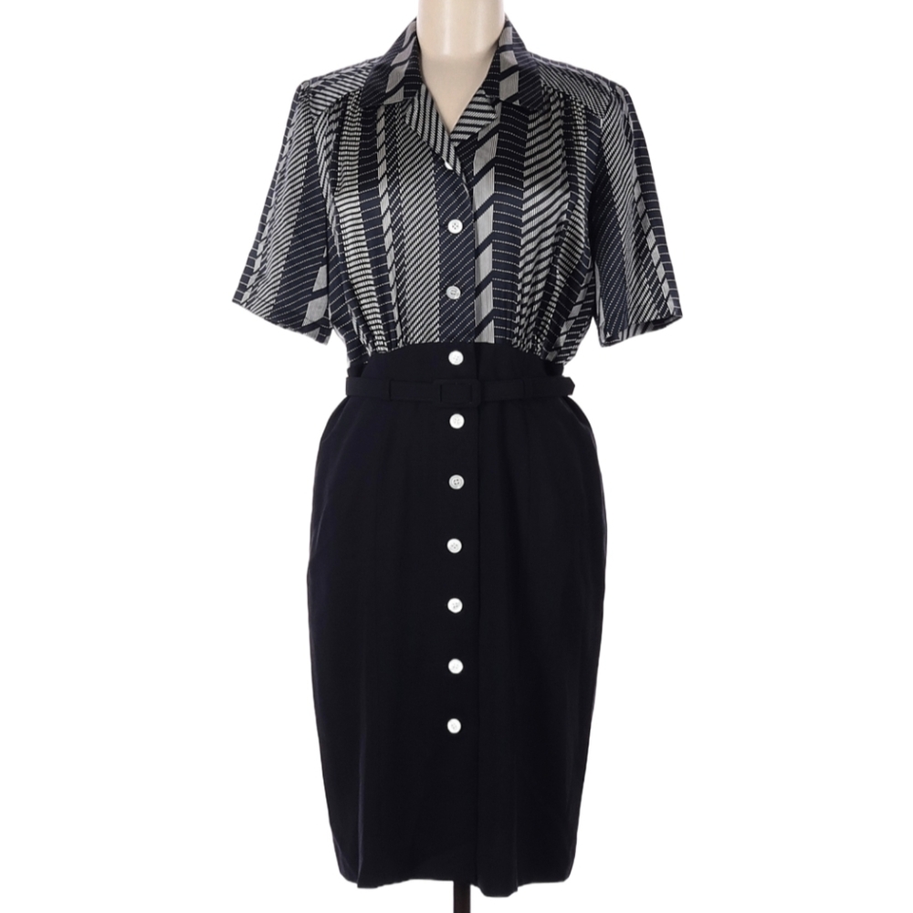 Vintage Escada Belted Navy Pencil Dress Timeless Elegant Secretary Wool Silk